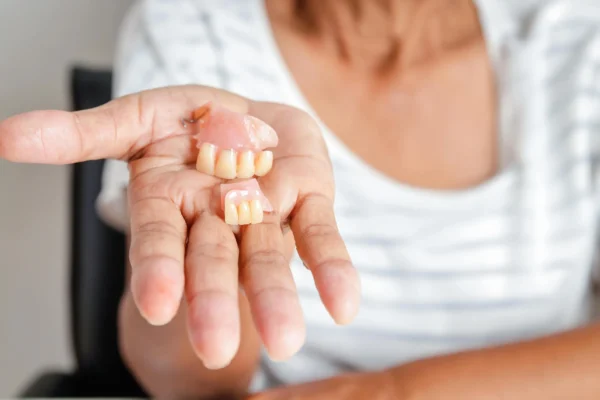patient holding dentures given by her dentist north lauderdale